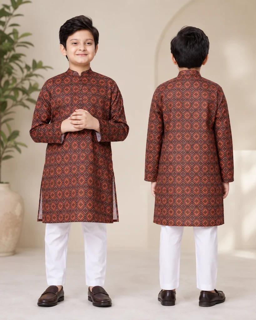 Kids Panjabi for Boys – Printed Cotton Kurta (Teal & Rust)