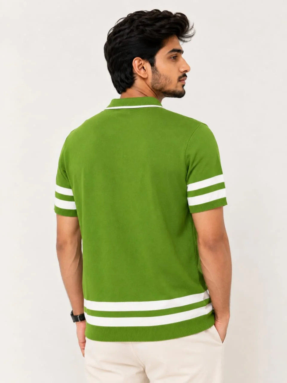Men's Textured Knit Polo T-Shirt – Striped Trim Casual Polo - Image 3