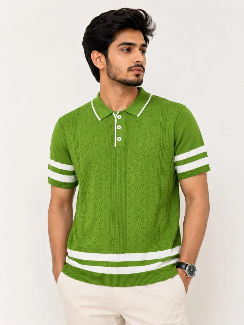 Men's Textured Knit Polo T-Shirt – Striped Trim Casual Polo - Image 2