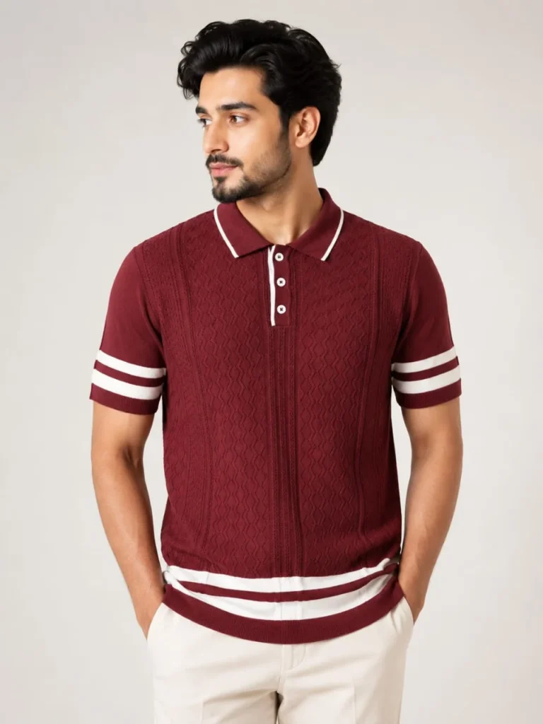 Men's Textured Knit Polo T-Shirt – Striped Trim Casual Polo