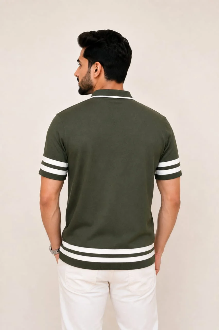 Men's Textured Knit Polo T-Shirt – Striped Trim Casual Polo - Image 5