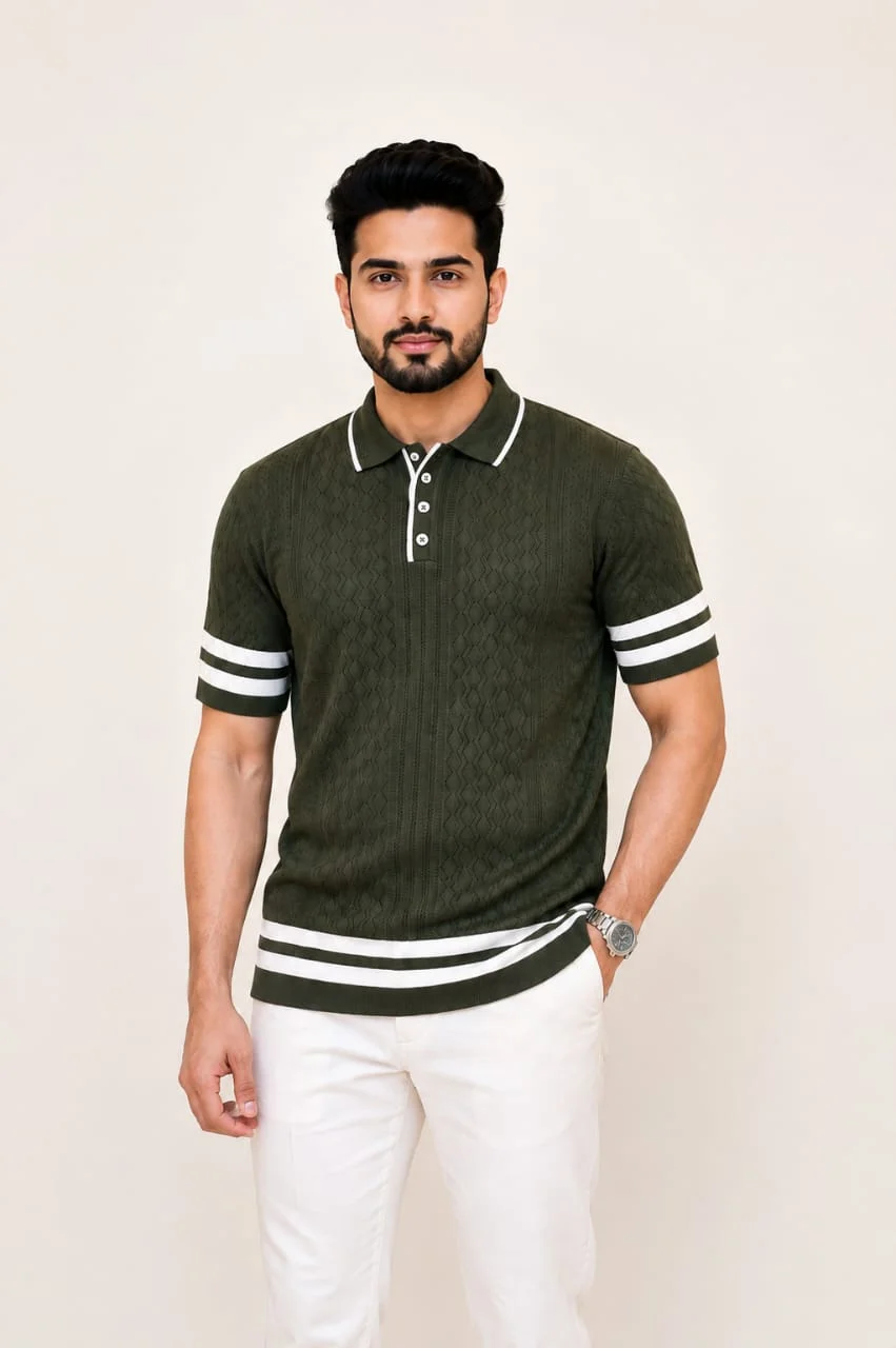 Men's Textured Knit Polo T-Shirt – Striped Trim Casual Polo - Image 4