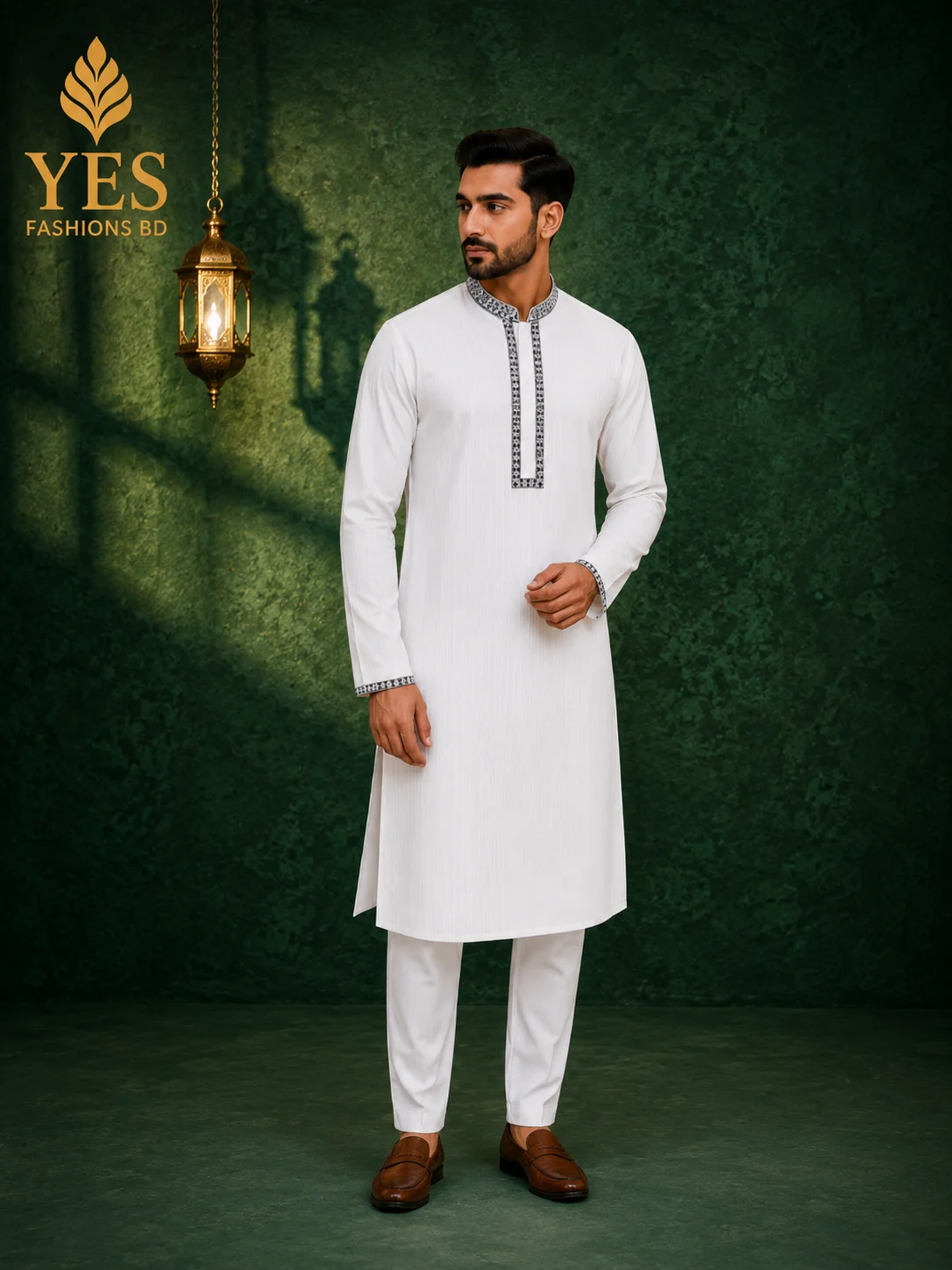 Premium white stripe Panjabi for men with exclusive color embroidery