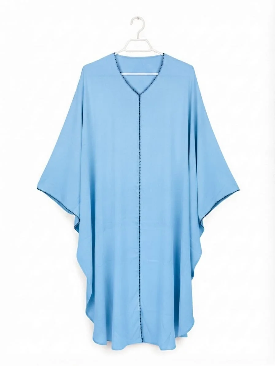 Sky blue one-part karchupi lace abaya made from Korean crushed fabric, front view on hanger